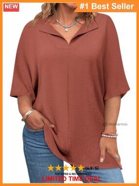 Plus Size V Neck Short Sleeve Tunic Top Loose Fit Casual Tee Blouse